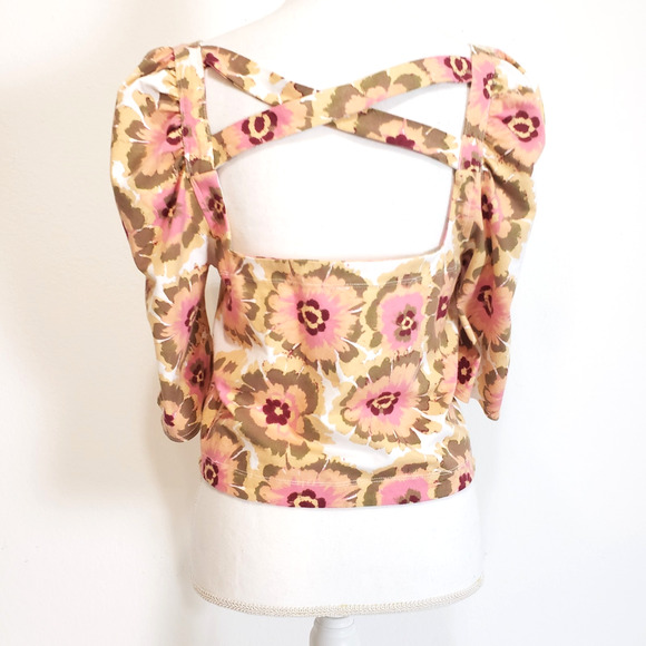 Free People Women's SIZE XL Floral Crop Top Puff 3/4 Sleeves OB1472617 Pink - Picture 3 of 11